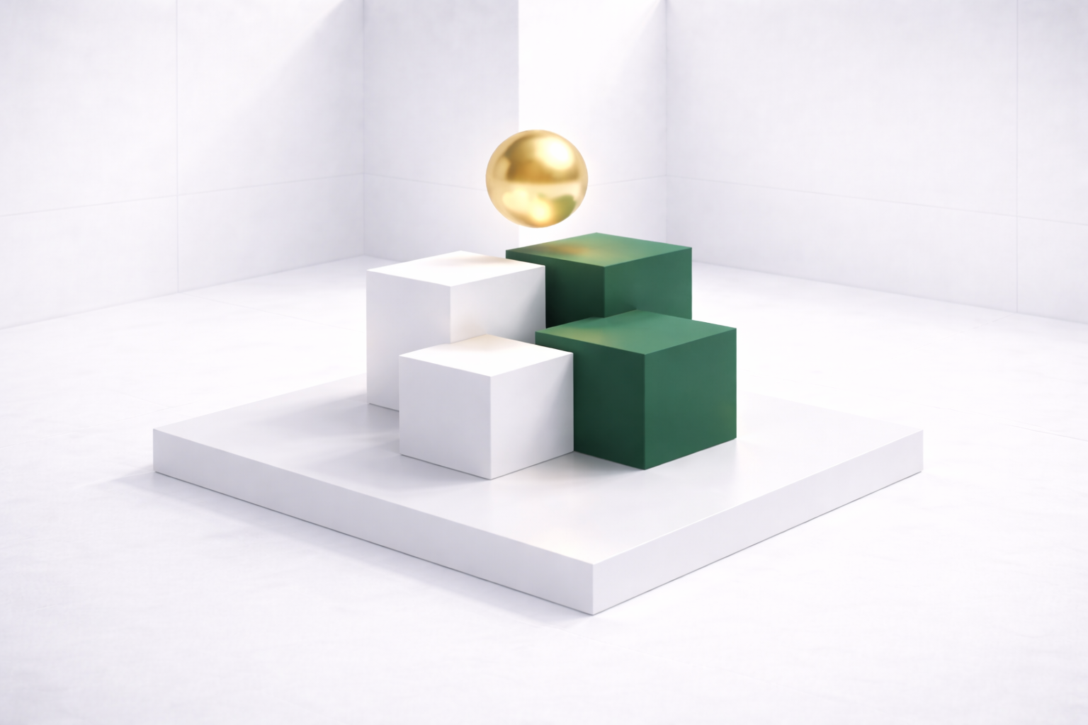 Abstrakt mynd av geometriskum formum, har ein gull sphera hongur yvir terningum fyri at 
			vísa á, hvussu vitlíki integrerar í alt virksemi