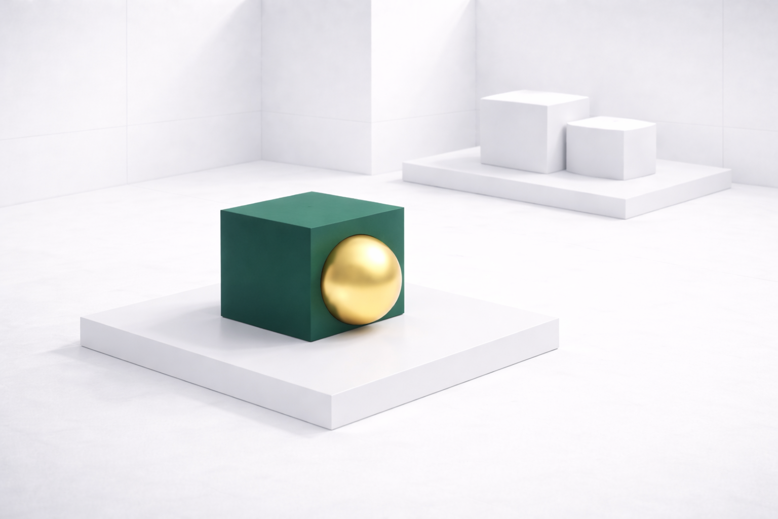 Abstrakt mynd av geometriskum formum, har ein gull sphera er integrerað í ein grønan 
			terning fyri at vísa á integratión ímillum arbeiðshættir og vitlíki